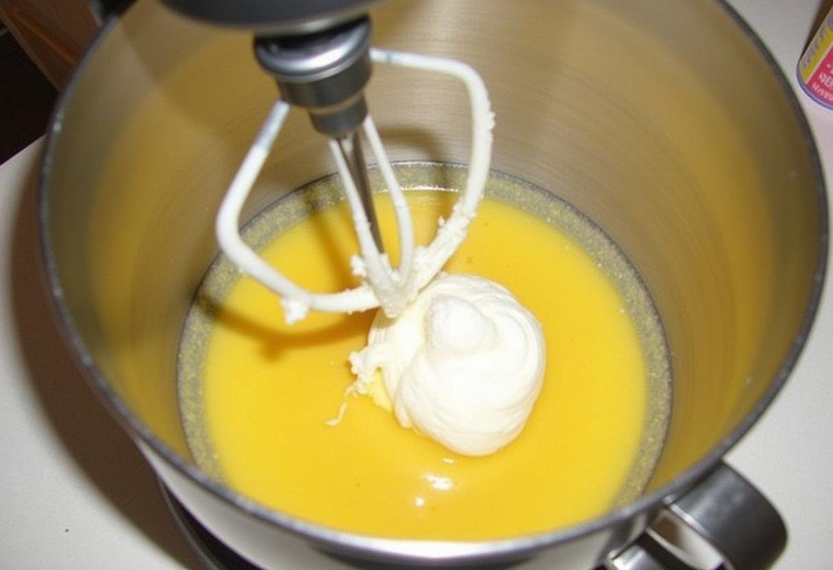 Whisking egg whites to soft peaks for Minions Dr. Nefario's Mad Scientist Macarons in a bright kitchen setup.