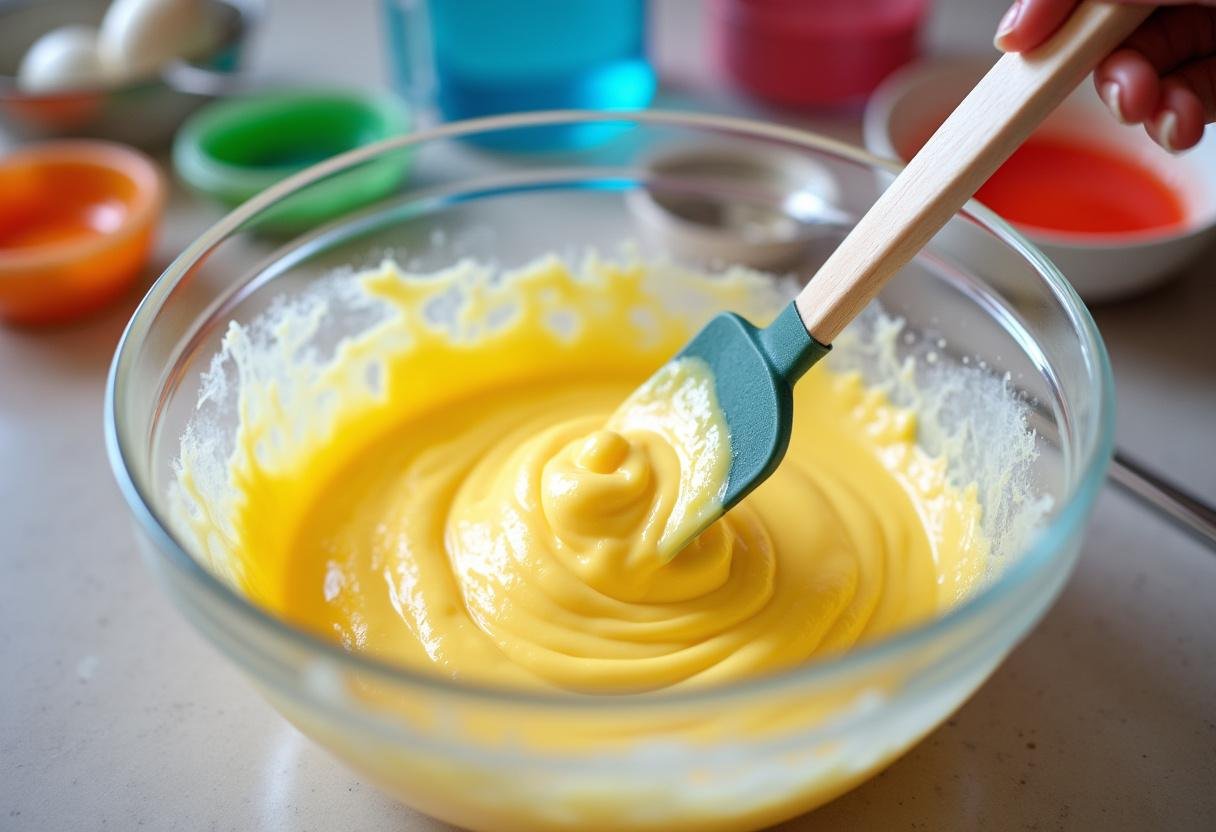 Adding vibrant food coloring to egg whites for colorful Minions Dr. Nefario's Mad Scientist Macarons in a professional kitchen.