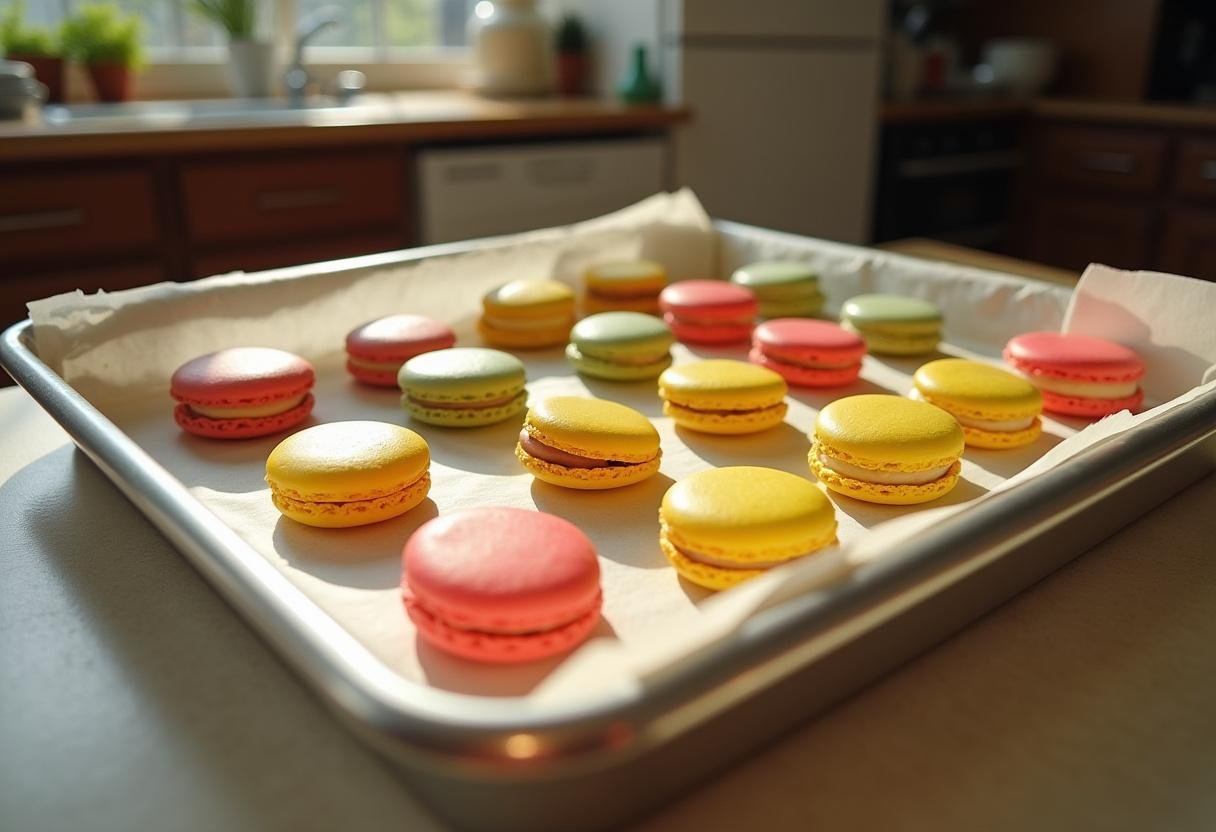 Piped colorful macaron shells on a baking tray ready for the oven for Minions Dr. Nefario's Mad Scientist Macarons.