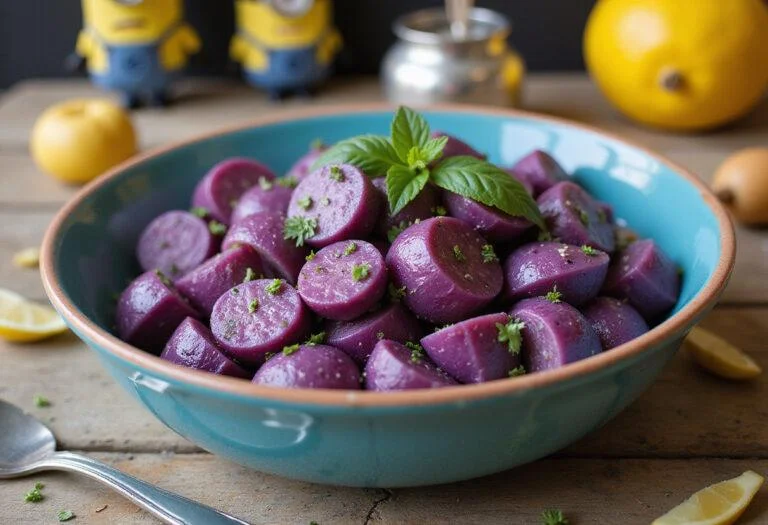 Delicious Minions Evil Minion Purple Potato Salad served in a vibrant bowl, perfect for gatherings, showcasing its fun color and garnishes.