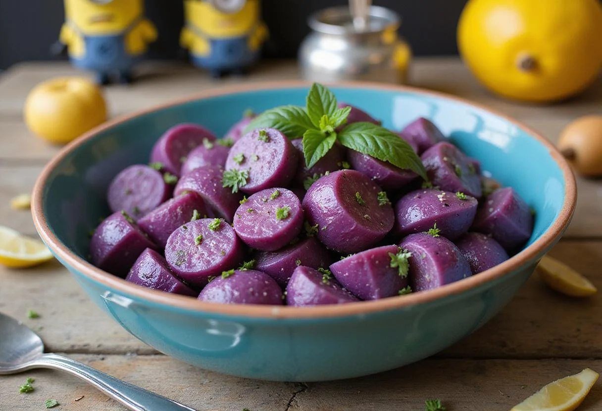 Delicious Minions Evil Minion Purple Potato Salad served in a vibrant bowl, perfect for gatherings, showcasing its fun color and garnishes.