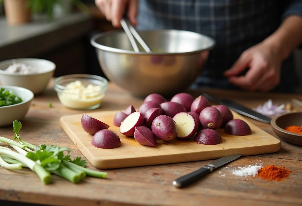 Dicing purple potatoes for Minions Evil Minion Purple Potato Salad in a vibrant kitchen, featuring fresh ingredients like scallions and seasoning.
