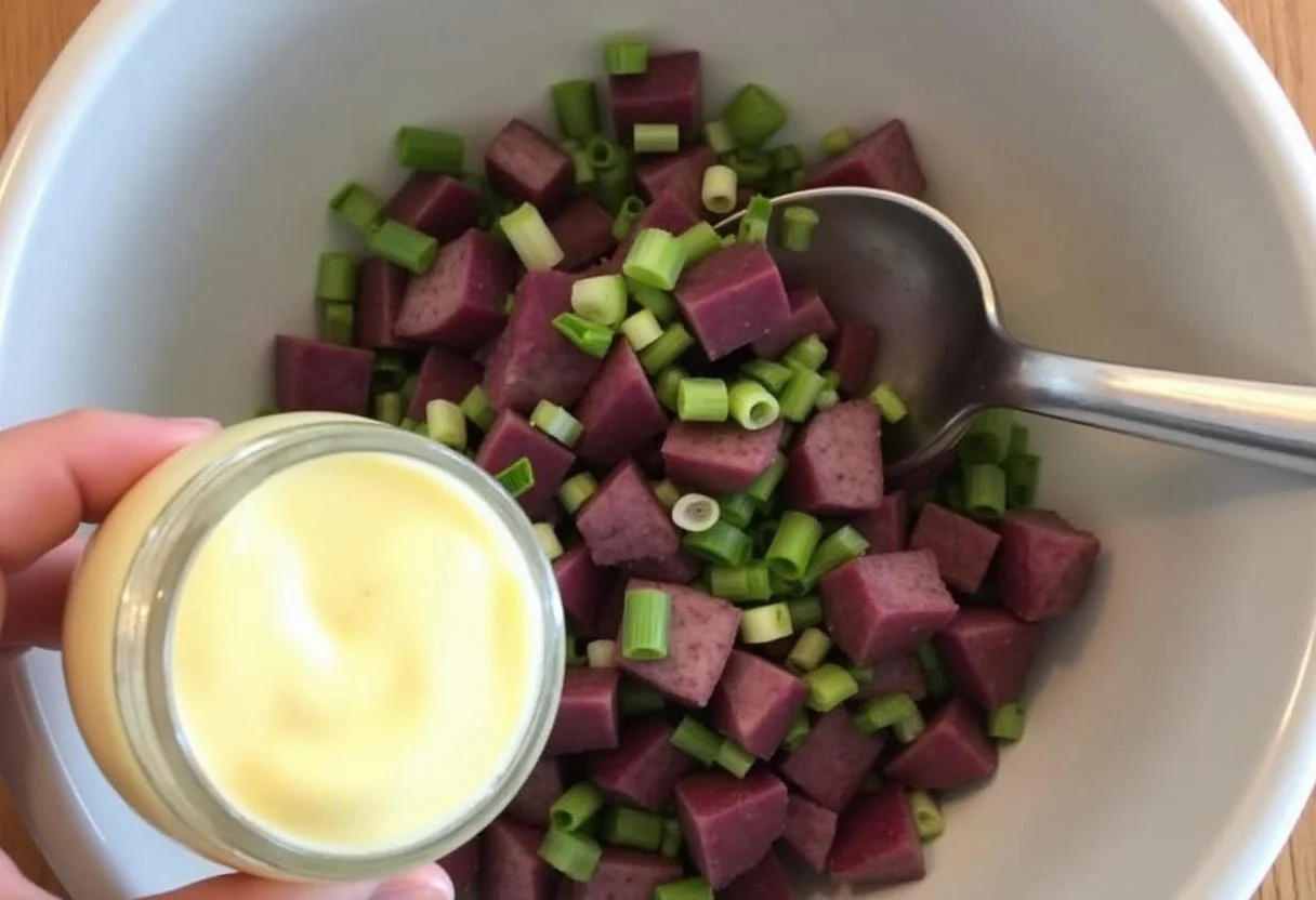 Combining diced purple potatoes and scallions with creamy mayonnaise for a delicious Minions Evil Minion Purple Potato Salad.