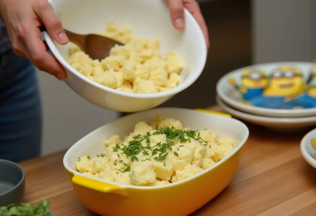 Transferring Minions Evil Minion Purple Potato Salad to a bright serving dish, perfect for family gatherings and fun meal times.