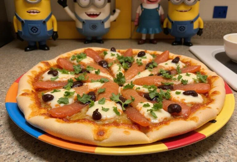 Delicious finished Minions Fart Blaster Flatbread Pizza presented on a colorful plate, ready to serve with vibrant toppings.