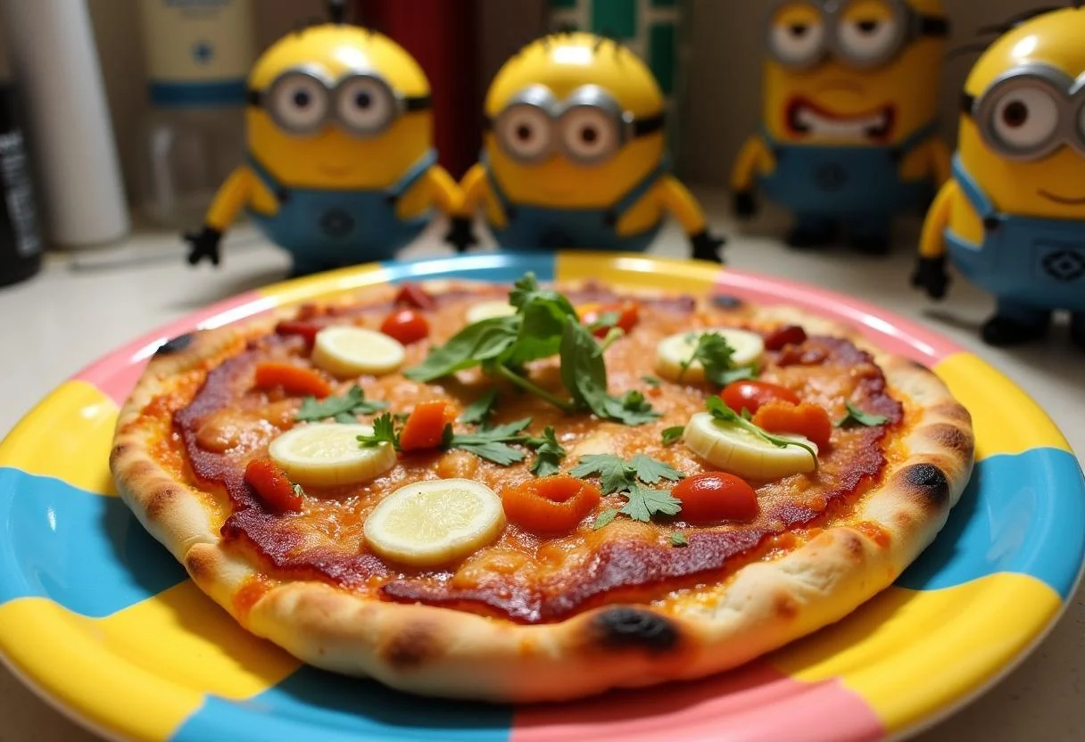 Delicious finished Minions Fart Blaster Flatbread Pizza presented on a colorful plate, ready to serve with vibrant toppings.