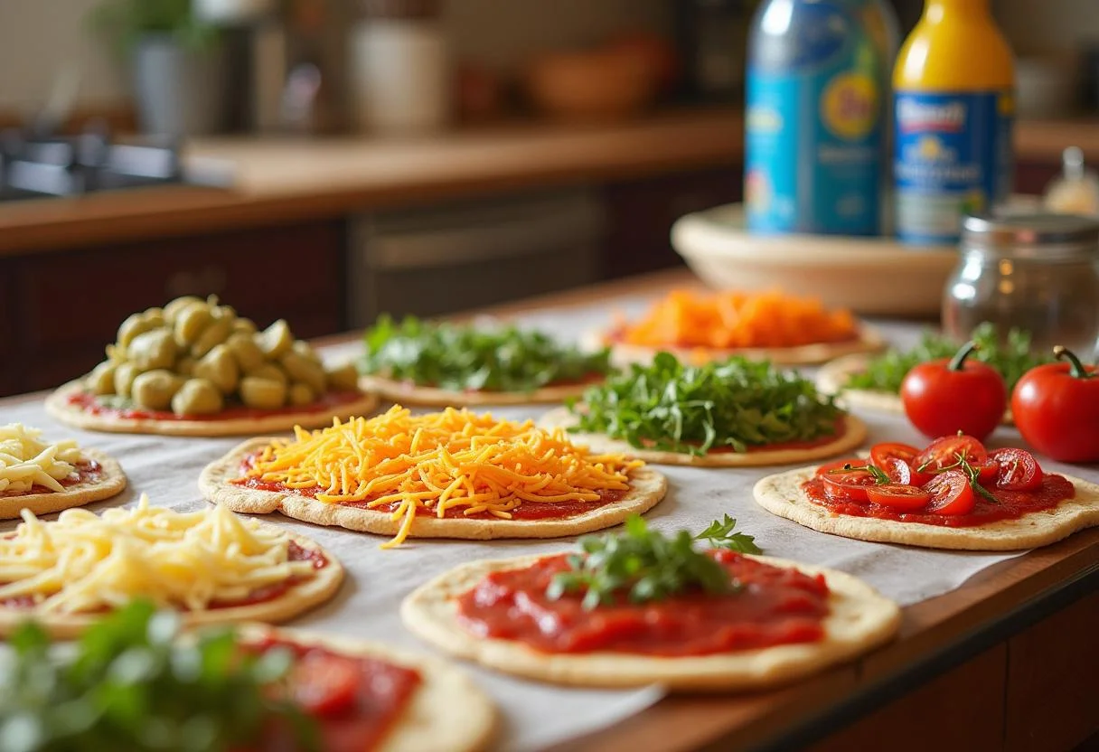 Colorful ingredients for Minions Fart Blaster Flatbread Pizzas including flatbreads, cheese, tomato sauce, and various toppings.