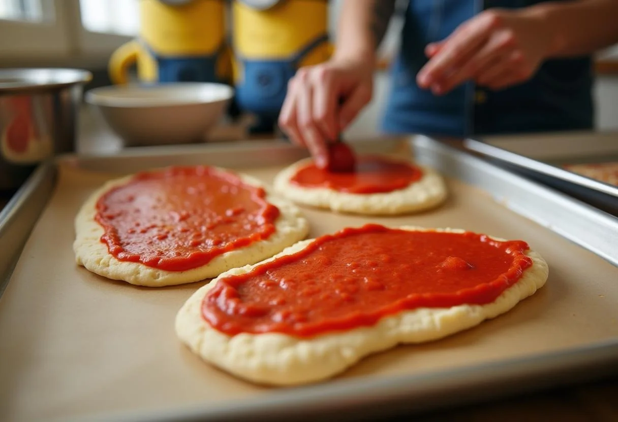 Spreading tomato sauce on flatbread for Minions Fart Blaster Flatbread Pizzas in a cheerful, Minions-themed kitchen.