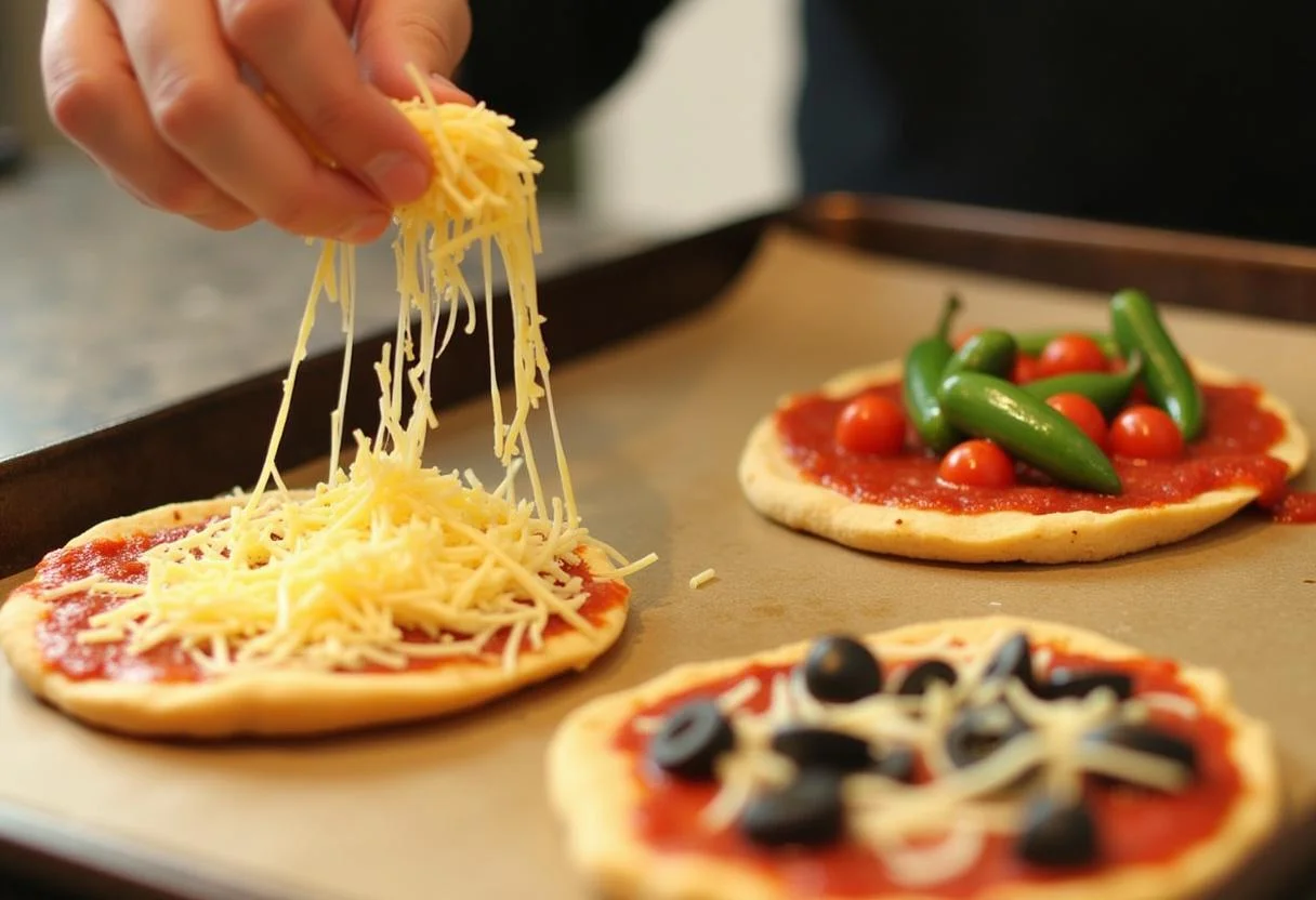 Sprinkling cheese and toppings on flatbreads for making Minions Fart Blaster Flatbread Pizzas with colorful ingredients.