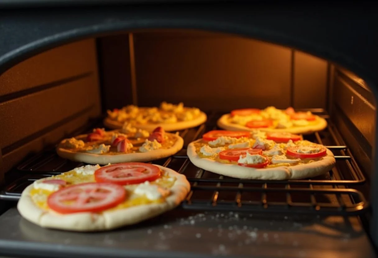 Placing flatbreads in the oven to bake Minions Fart Blaster Flatbread Pizzas, showing anticipation in the warming kitchen.