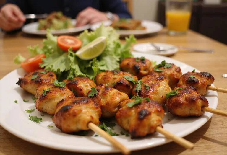 Delicious Moana Heihei's Happy Hens Chicken Skewers beautifully displayed with garnishes and a fresh salad.