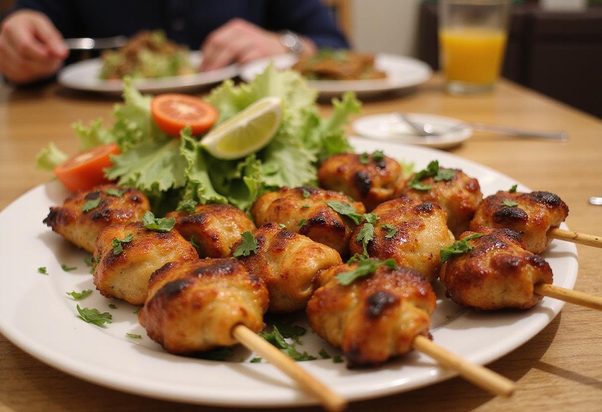 Delicious Moana Heihei's Happy Hens Chicken Skewers beautifully displayed with garnishes and a fresh salad.