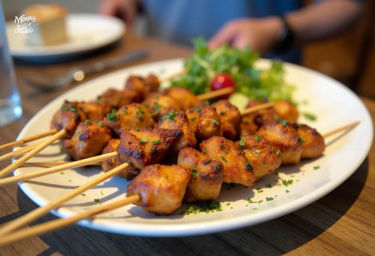 Delicious Moana Heihei's Happy Hens Chicken Skewers beautifully displayed with garnishes and a fresh salad.