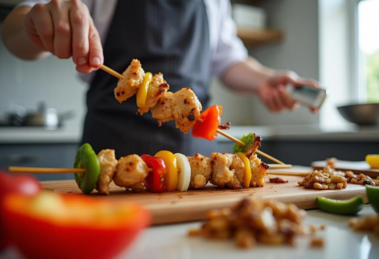 Assembling Moana Heihei's Happy Hens Chicken Skewers with colorful vegetables.