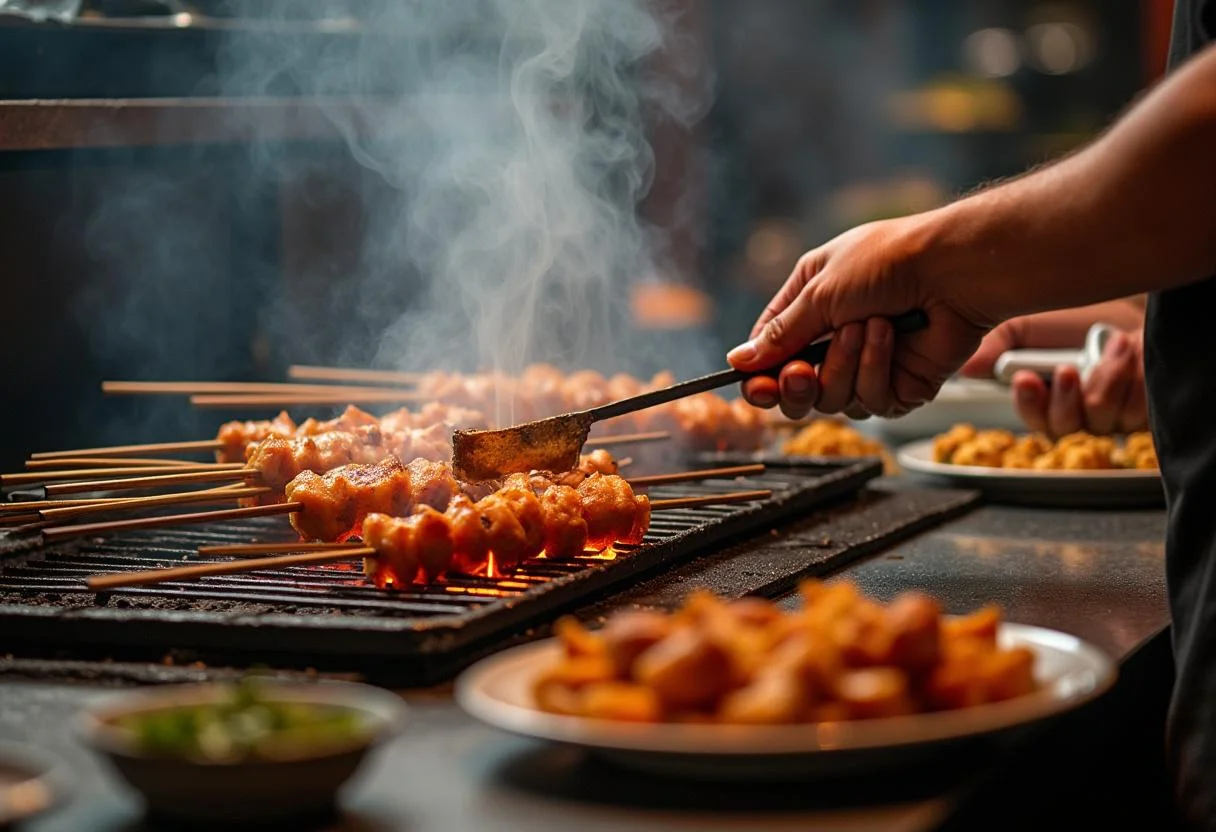 Grilling Moana Heihei's Happy Hens Chicken Skewers over an open flame for the perfect char.
