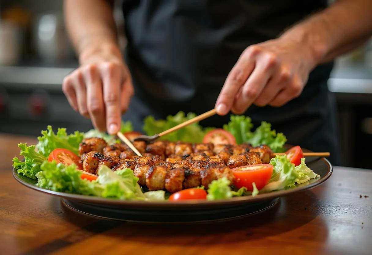 Preparing a fresh salad to complement Moana Heihei's Happy Hens Chicken Skewers for a delicious meal.