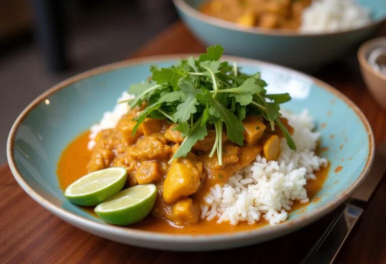 Final presentation of Moana Kakamora Coconut Curry, showcasing vibrant colors and textures on a dining table.