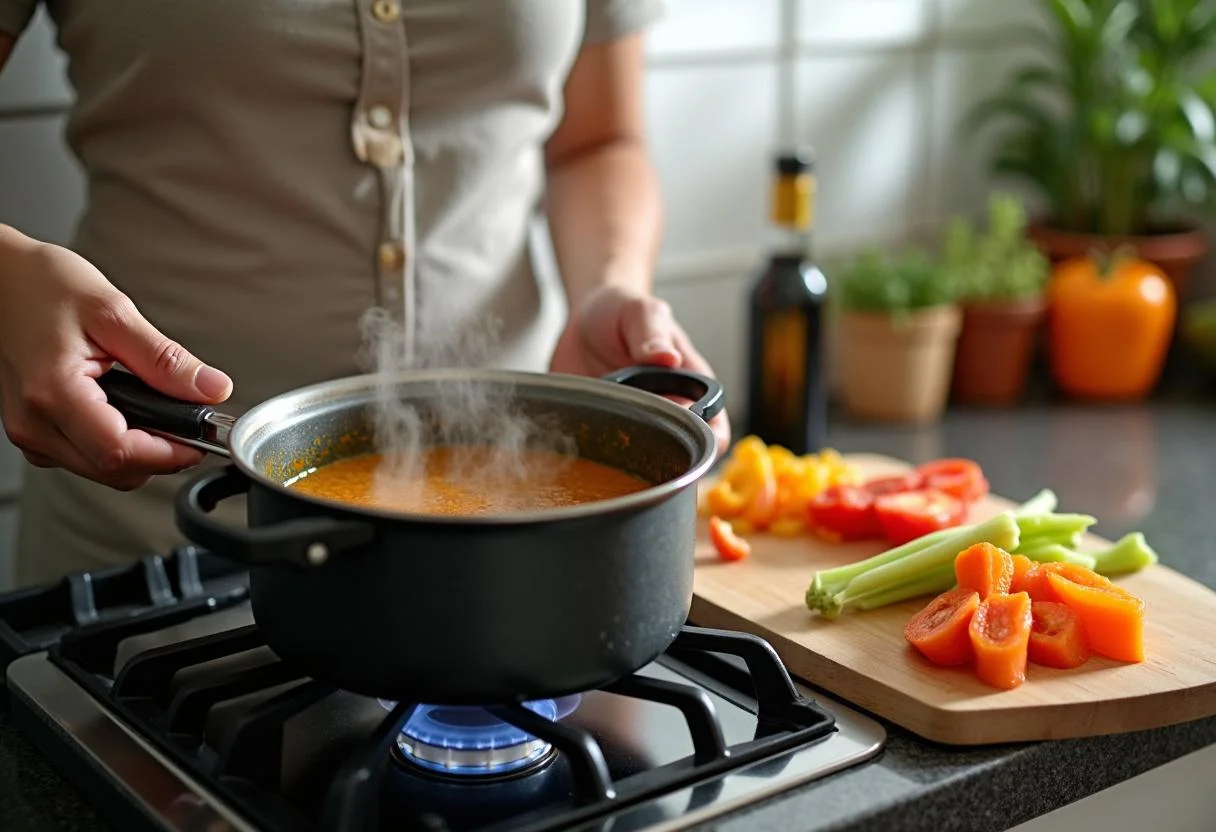 Moana Kakamora Coconut Curry preparation with spices and fresh vegetables in a vibrant kitchen.