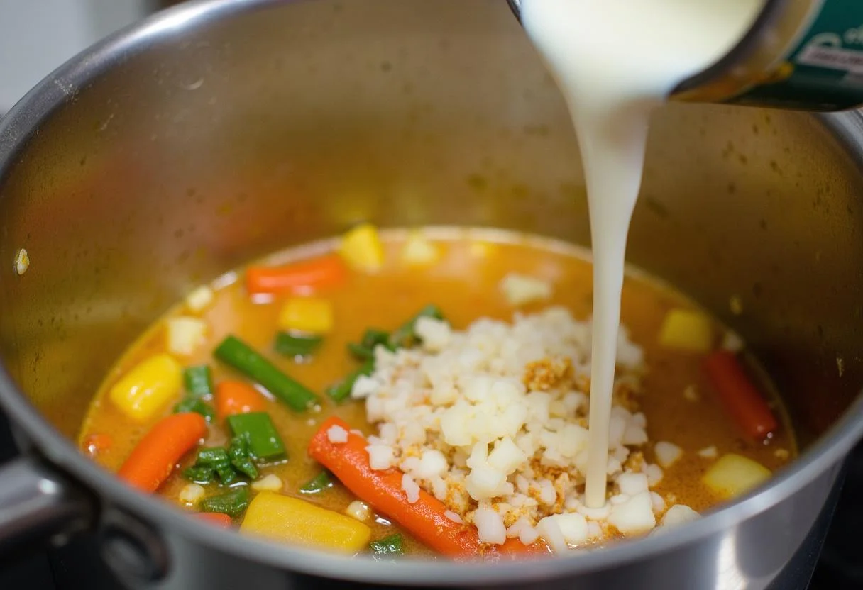 Adding coconut milk to Moana Kakamora Coconut Curry mixture in a pot with sautéed vegetables.