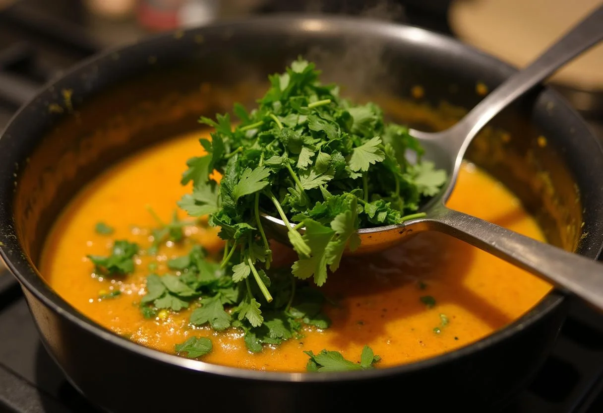 Fresh greens added to Moana Kakamora Coconut Curry in a bubbling pot, creating a vibrant dish.