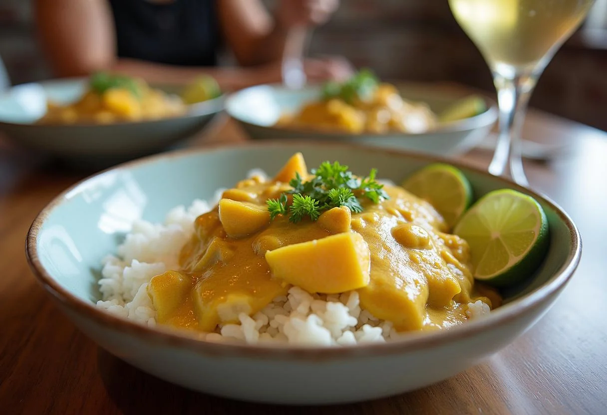 Serving Moana Kakamora Coconut Curry over rice with lime wedges on a beautifully set table.