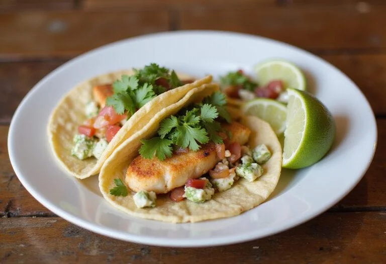 Final presentation of Moana Maui's Fish Hook Fish Tacos, beautifully plated with lime and cilantro on a rustic wooden table for an appetizing look.
