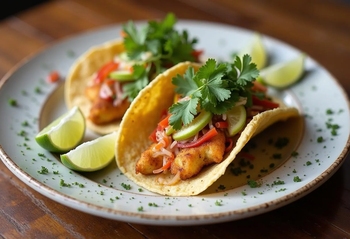 Final presentation of Moana Maui's Fish Hook Fish Tacos, beautifully plated with lime and cilantro on a rustic wooden table for an appetizing look.