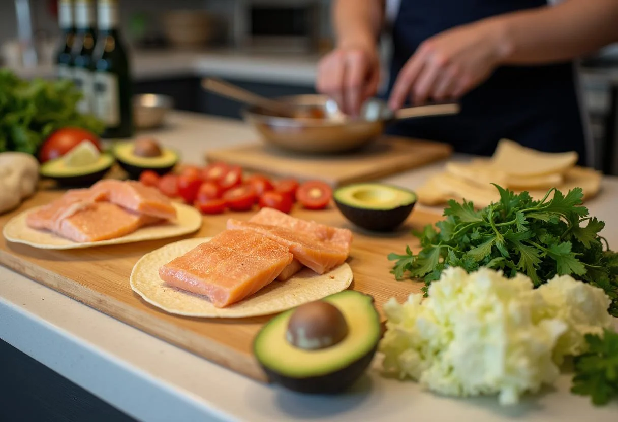 Fresh ingredients for Moana Maui's Fish Hook Fish Tacos displayed on a countertop, including fish, tortillas, tomatoes, cabbage, and avocado for preparation.