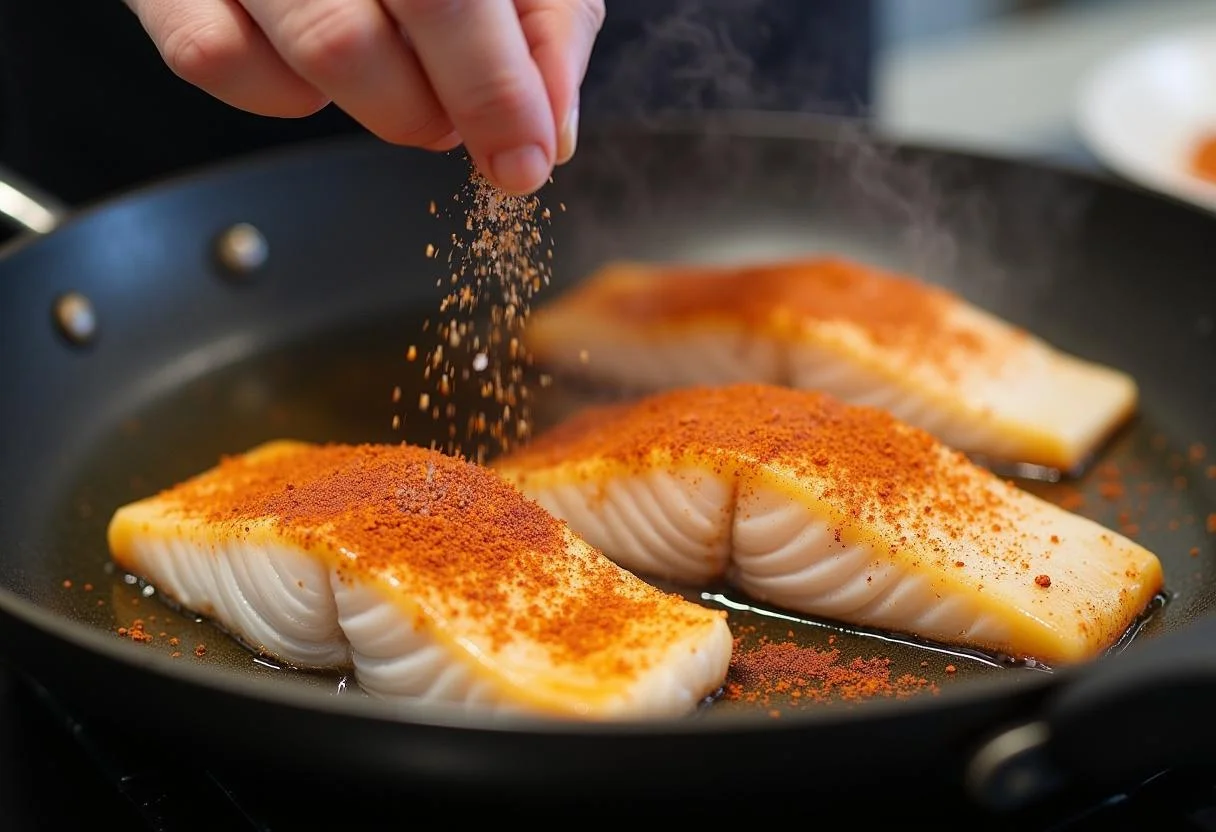 Chef seasoning fish fillets in a skillet for Moana Maui's Fish Hook Fish Tacos, capturing the sizzling sound of cooking fish with spices.
