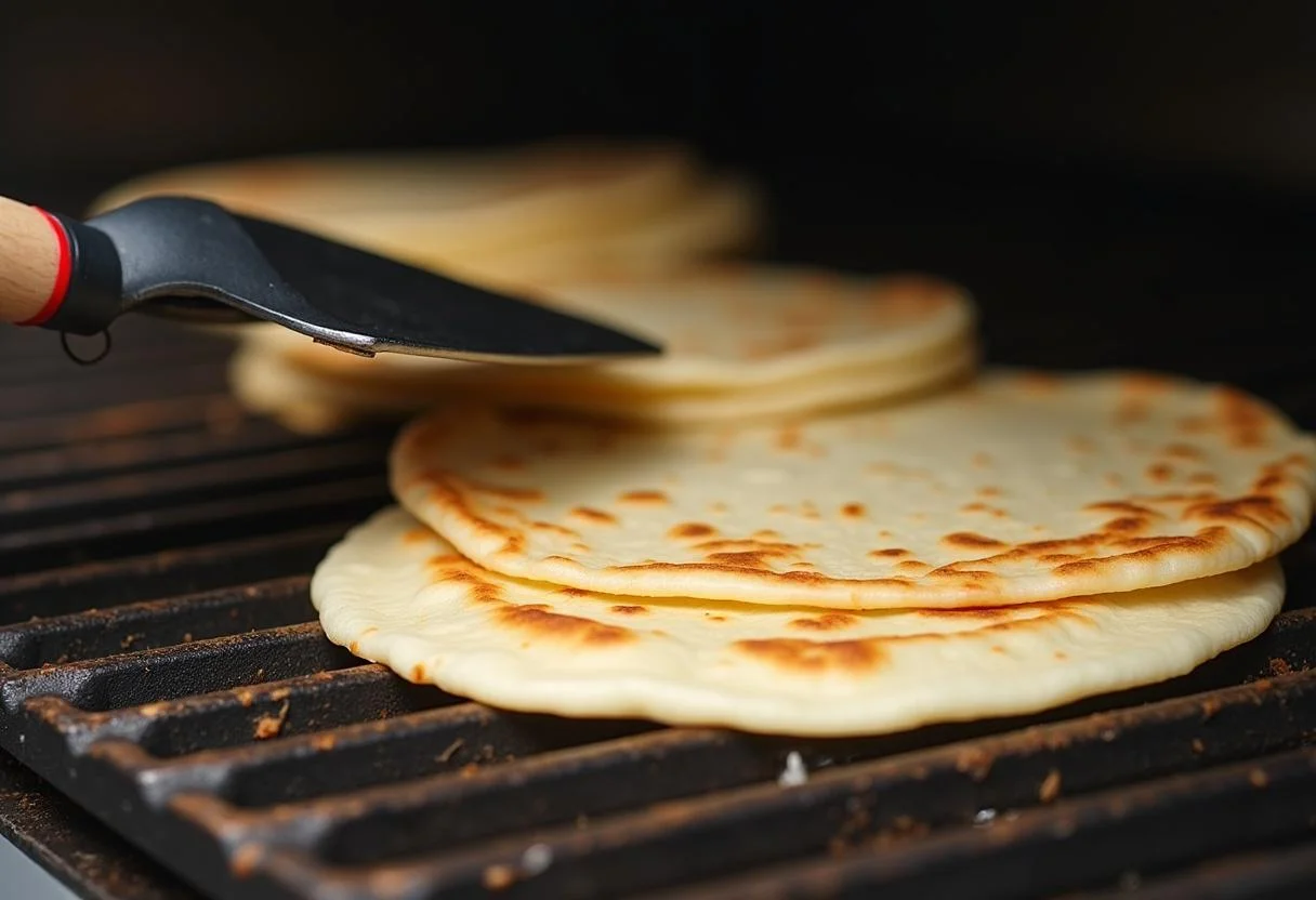 Warming tortillas on a grill for Moana Maui's Fish Hook Fish Tacos, highlighting the golden-brown edges and smoky flavor enhancement.