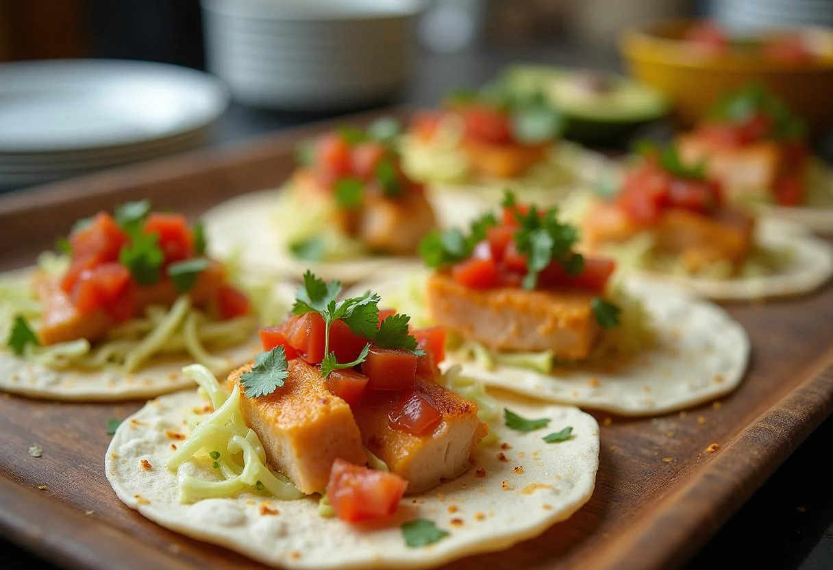 Preparation of Moana Maui's Fish Hook Fish Tacos on a vibrant assembly station, showcasing tortillas filled with fish, cabbage, and tomato salsa.