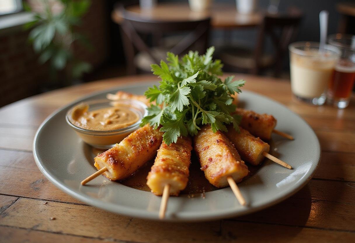 Final presentation of Moana Pua's Pineapple Pork Chicken Skewers, artistically arranged on a plate, garnished with herbs, perfect for a delicious meal.