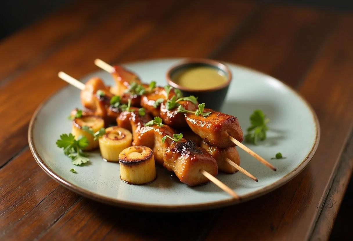 Final presentation of Moana Pua's Pineapple Pork Chicken Skewers, artistically arranged on a plate, garnished with herbs, perfect for a delicious meal.