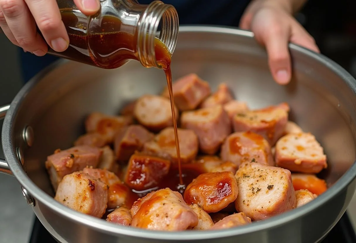 Marinating pork and chicken for Moana Pua's Pineapple Pork Chicken Skewers with a delicious soy sauce and brown sugar marinade.