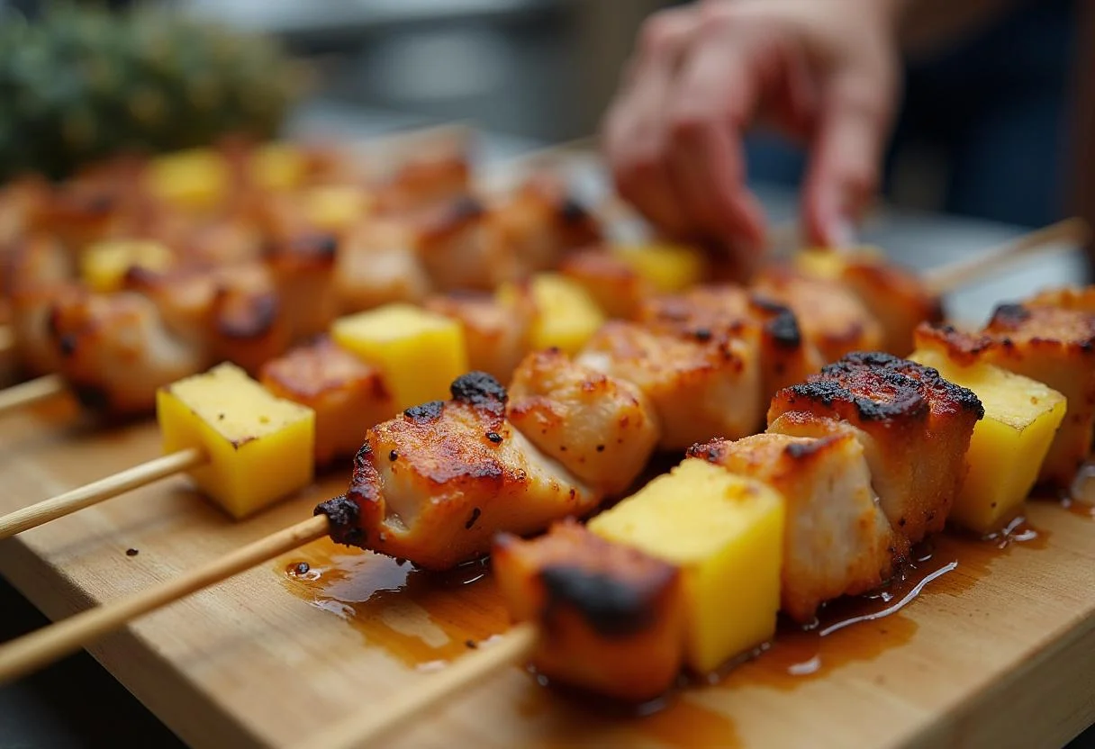 Assembling Moana Pua's Pineapple Pork Chicken Skewers with marinated pork, chicken, and fresh pineapple on skewers, highlighting vibrant colors.