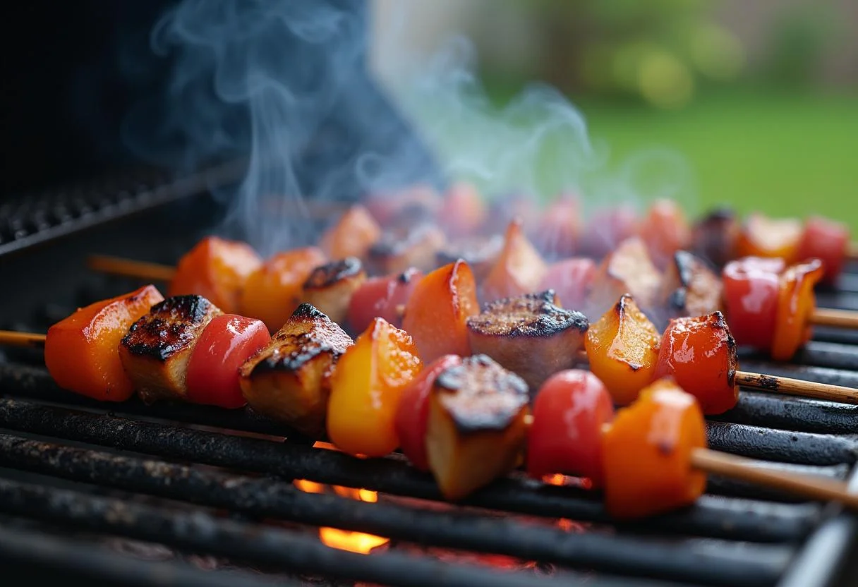 Grilling Moana Pua's Pineapple Pork Chicken Skewers on an outdoor grill, showcasing sizzling meat and caramelized pineapple.
