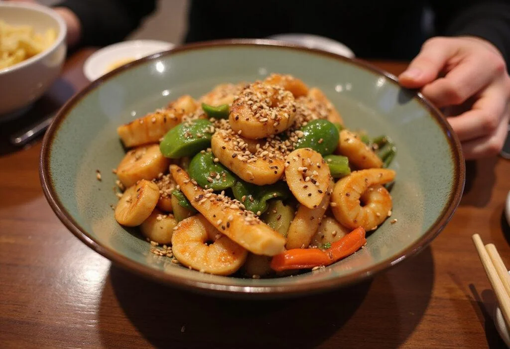 Final presentation of Moana Tamatoa's Shiny Seafood Plant-based Stir-fry, a colorful and enticing dish ready to be enjoyed.