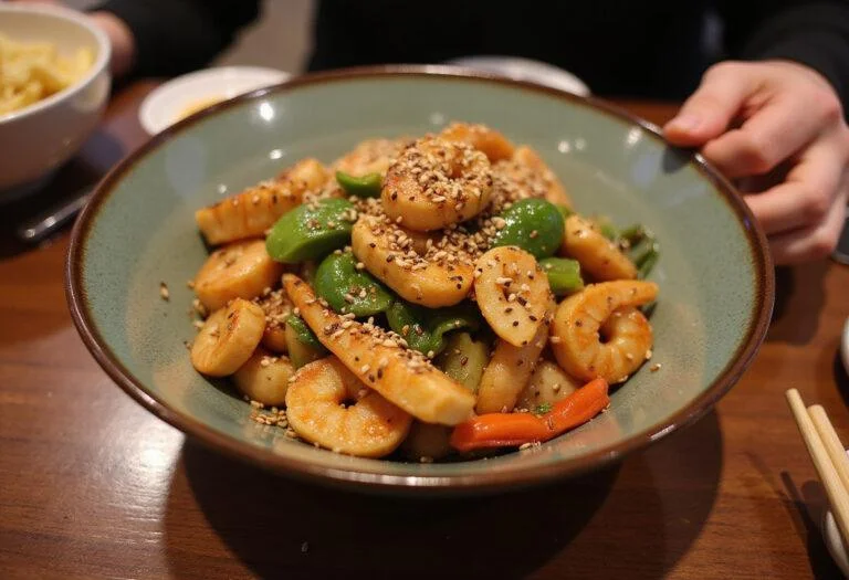 Final presentation of Moana Tamatoa's Shiny Seafood Plant-based Stir-fry, a colorful and enticing dish ready to be enjoyed.