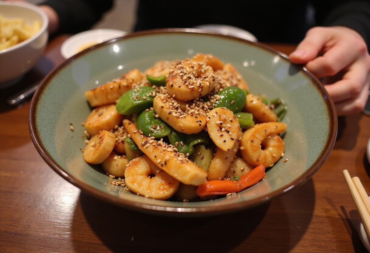 Final presentation of Moana Tamatoa's Shiny Seafood Plant-based Stir-fry, a colorful and enticing dish ready to be enjoyed.