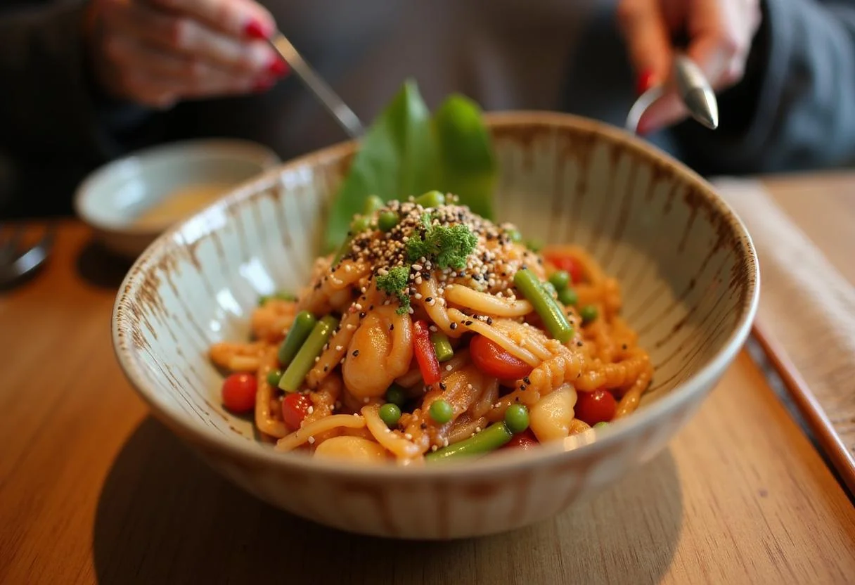 Final presentation of Moana Tamatoa's Shiny Seafood Plant-based Stir-fry, a colorful and enticing dish ready to be enjoyed.
