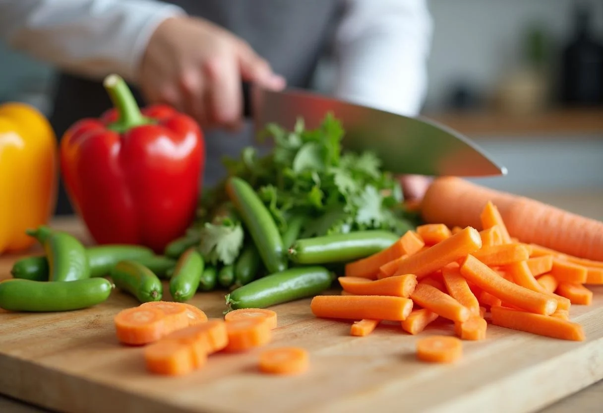 Fresh vegetables for Moana Tamatoa's Shiny Seafood Plant-based Stir-fry, vibrant bell peppers, carrots, and snap peas being prepared.