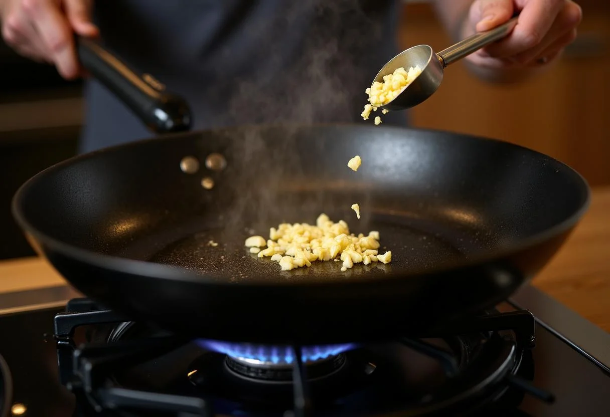 Cooking process of Moana Tamatoa's Shiny Seafood Plant-based Stir-fry, showing garlic sizzling in hot oil in a wok.