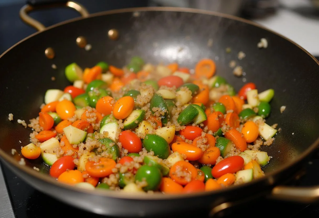 Stir-frying the vegetables for Moana Tamatoa's Shiny Seafood Plant-based Stir-fry, showcasing a vibrant blend of colors in a sizzling wok.