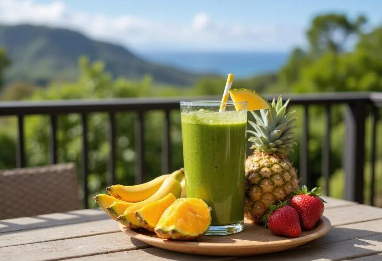 A stunning view of Moana Te Fiti's Lush Green Smoothie served on a patio table, showcasing its vibrant color alongside tropical fruits.