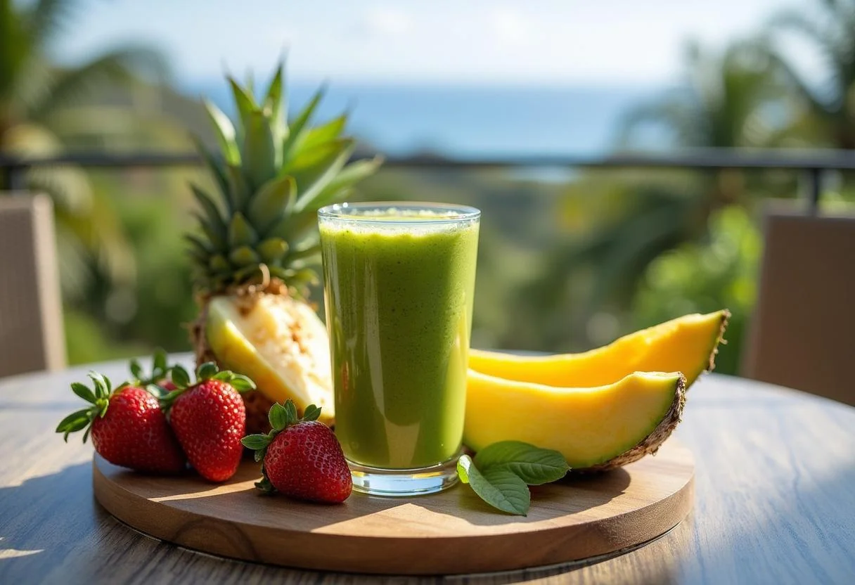 A stunning view of Moana Te Fiti's Lush Green Smoothie served on a patio table, showcasing its vibrant color alongside tropical fruits.