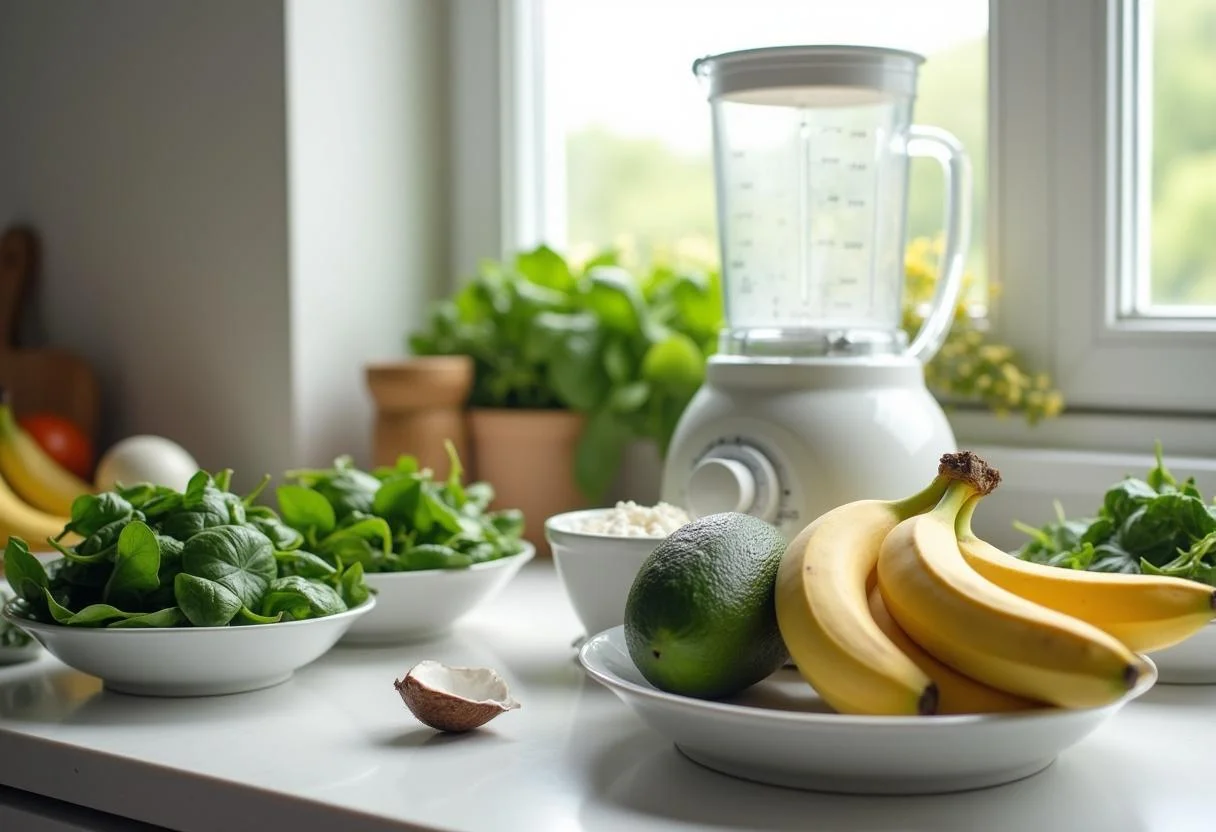 Fresh ingredients for Moana Te Fiti's Lush Green Smoothie including spinach, banana, avocado, and coconut milk on a kitchen counter.