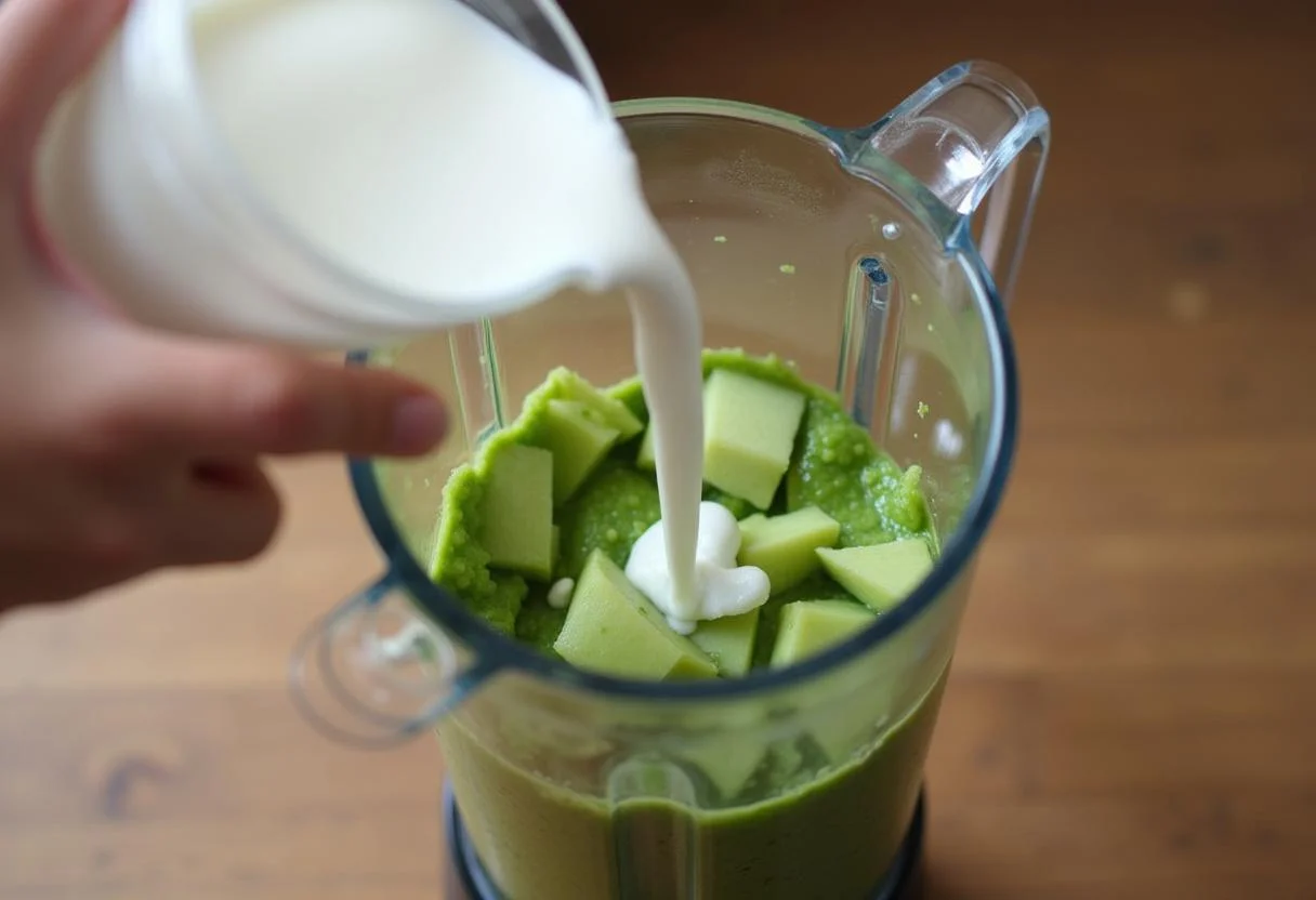 Blending the fresh green ingredients for Moana Te Fiti's Lush Green Smoothie in a modern kitchen, focusing on coconut milk being added.