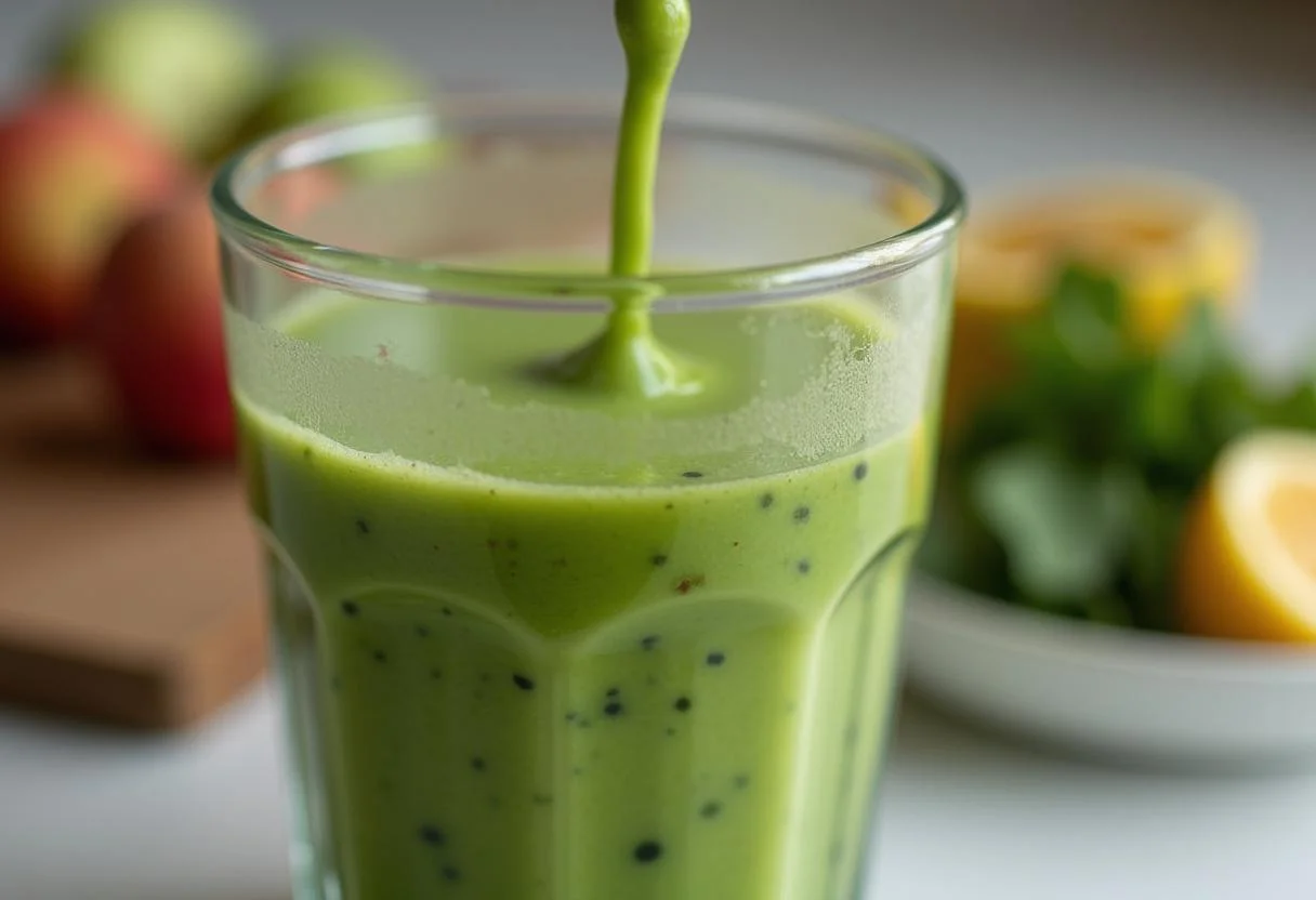Pouring a luscious green smoothie into a glass, highlighting the fresh and healthy ingredients of Moana Te Fiti's Lush Green Smoothie.