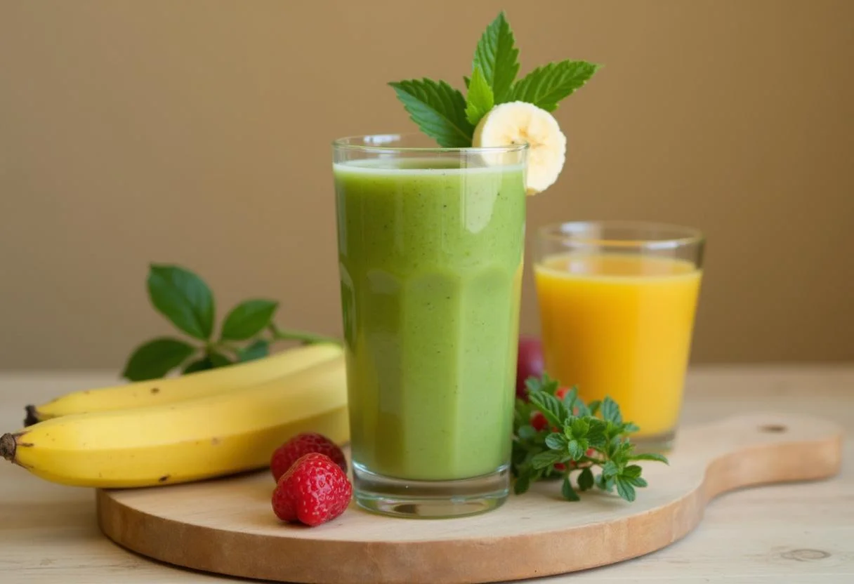 A vibrant breakfast scene featuring Moana Te Fiti's Lush Green Smoothie in a glass, beautifully garnished and surrounded by fresh fruits.