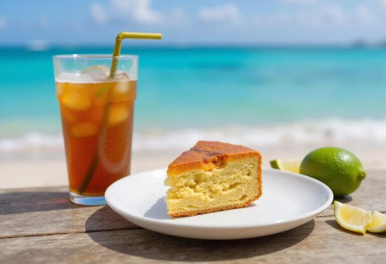 Slice of Moana Wayfinder's Island Iced Tea Cake served with iced tea amidst a vibrant beach backdrop.